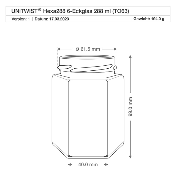 288ml Hexaglas ohne Deckel (TO63) UNiTWIST UNiTWIST Hexa288 6-Eckglas 288ml TO63 Technische Zeichnung mit Maßen Durchmesser 61,5mm Höhe 99mm Gewicht 194g