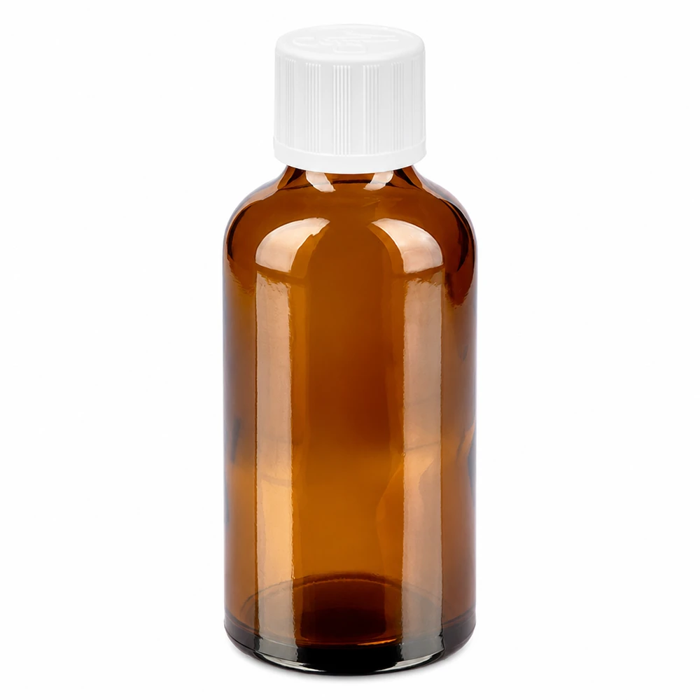 Kompakte 50ml Flasche aus braunem Glas mit kindersicherem Schraubdeckel für Tropfen