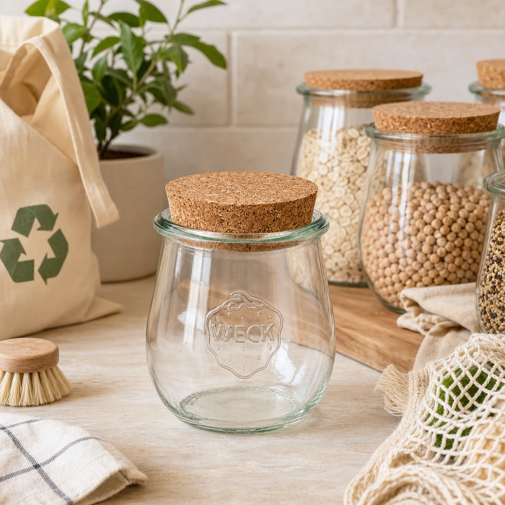220ml Tulpenglas WECK RR60 mit Korken natur WECK Tulpenglas RR60 220ml leer mit Korkverschluss in nachhaltiger Zero-Waste Küche neben Vorratsgläsern mit Hülsenfrüch