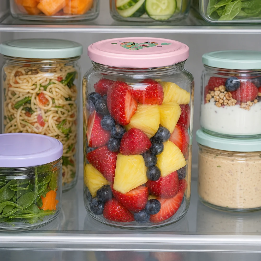 Rundglas 795ml mit rosa Herzdeckel gefüllt mit Obstsalat im Kühlschrank neben anderen Vorratsgläsern mit Salat und Nudel