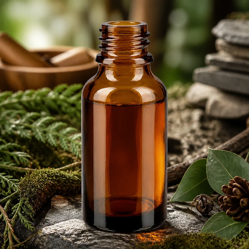 30ml braune ApoGlas Flasche in natürlicher Waldumgebung mit Moos Farn und Tannenzapfen für Naturheilkunde