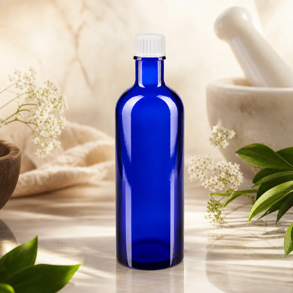 Blaue Rundflasche 200ml aus Glas mit weißem Deckel umgeben von Blüten und Naturpflanzen