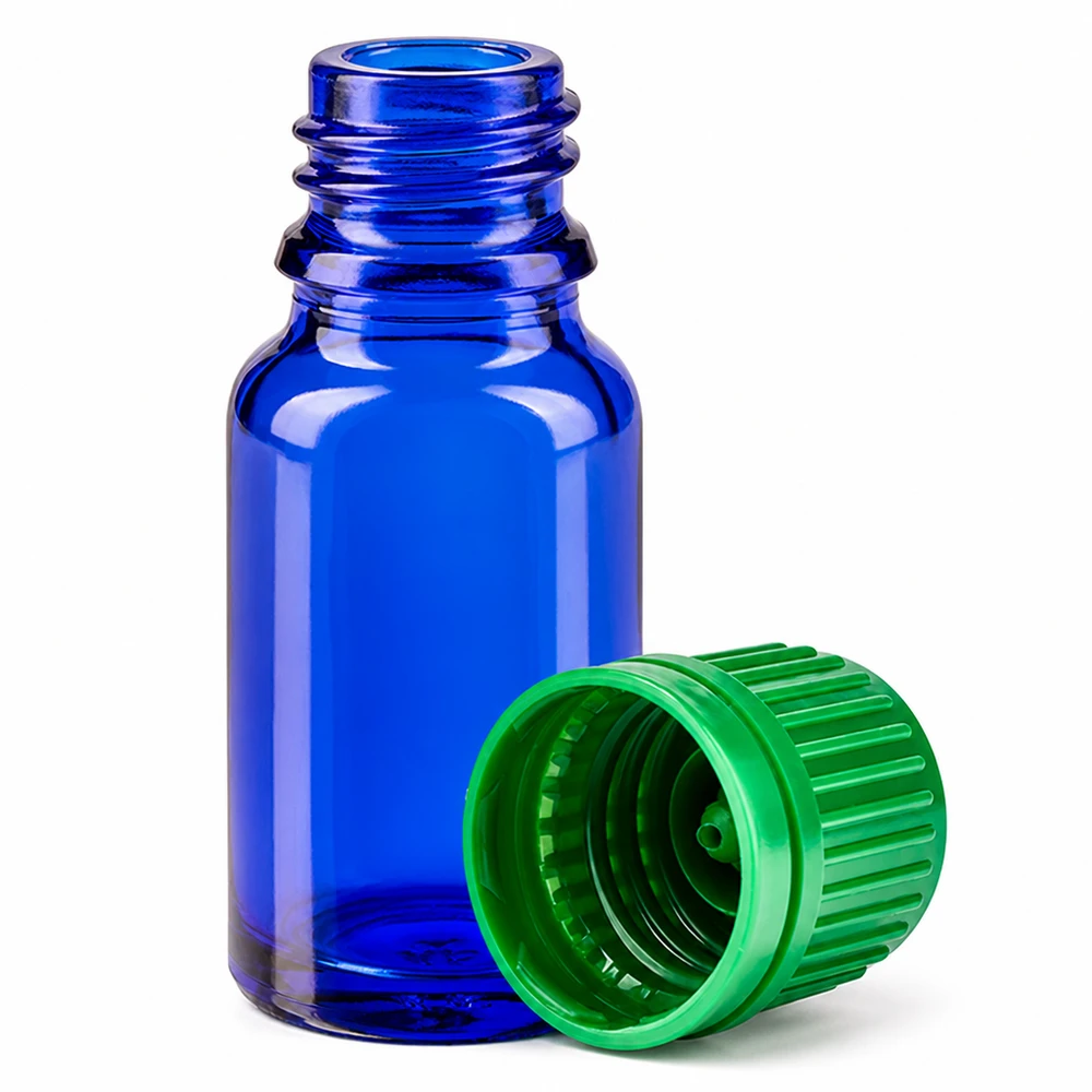 Elegante kleine blaue Glasflasche 10ml mit leuchtend grünem Deckel für DIY Kosmetikprodukte