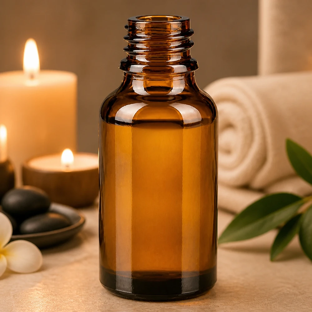 30ml braune ApoGlas Flasche mit Wellness-Zubehör Spa-Steinen Handtuch und Aromatherapie-Kerzen