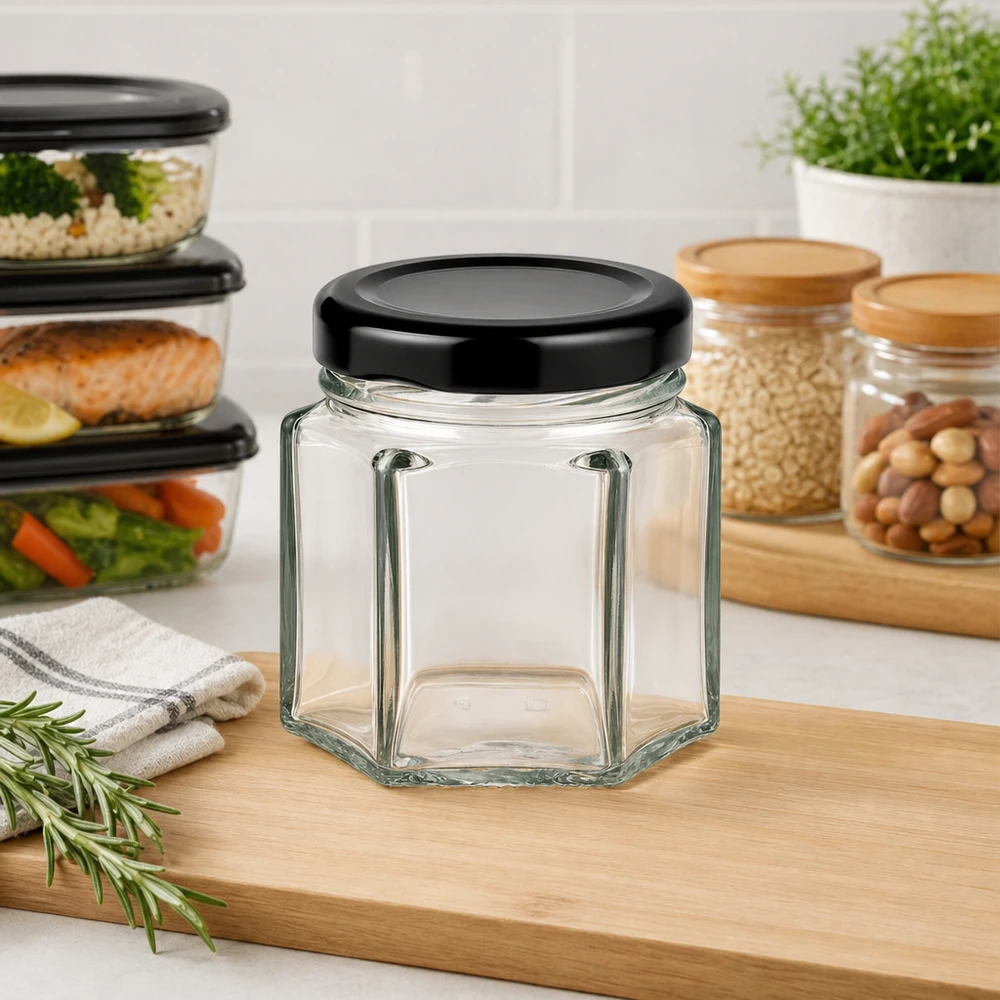 47ml Hexaglas leer mit schwarzem BasicSeal Deckel in moderner Küche neben Vorratsgläsern und Meal-Prep-Boxen