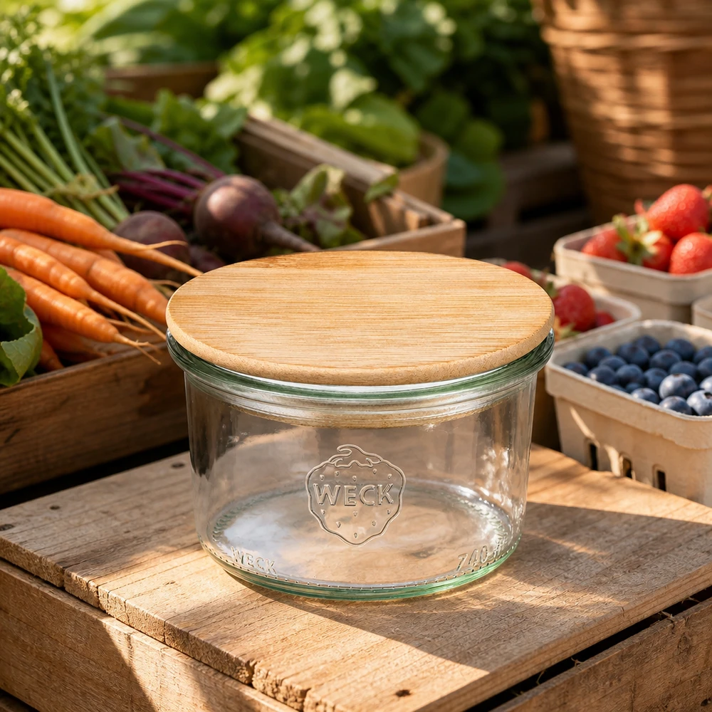 200ml Sturzglas WECK RR80 mit Holzdeckel 200ml WECK Sturzglas RR80 mit Holzdeckel in rustikaler Marktszene umgeben von frischen Gemüse und Früchten