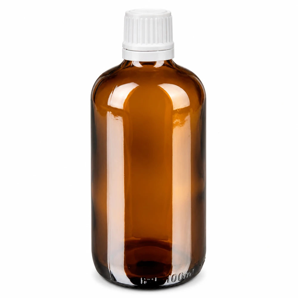 Zylindrische 100ml Braunglas Flasche mit weißem OV Verschluss und Tropföffnung 0,7mm