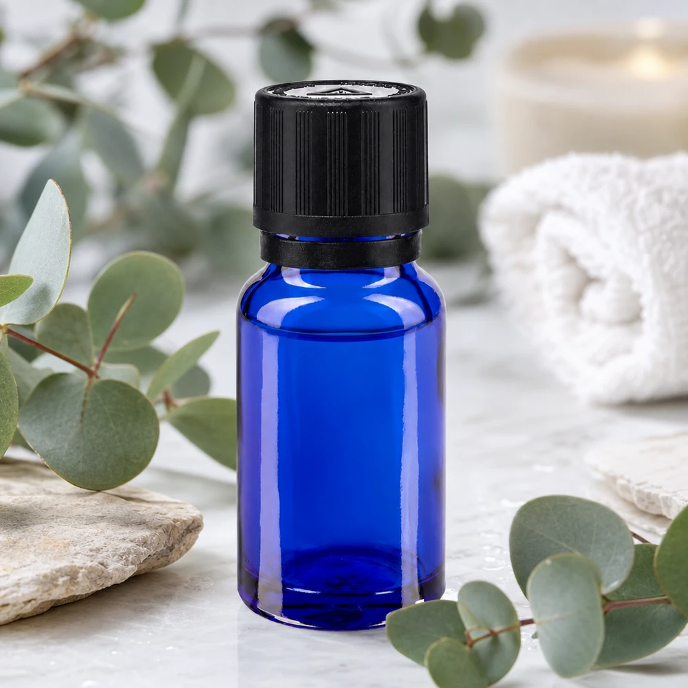 Apothekenflasche blau 10ml Tropfer Giessring 1mm schwarz Kindersicherung Blindenwarnsymbol Originalitätsverschluss Blaue 10ml Glasflasche mit Präzisionstropfeinsatz 1mm und UV-Schutzglas für empfindliche Öle und Extrakte