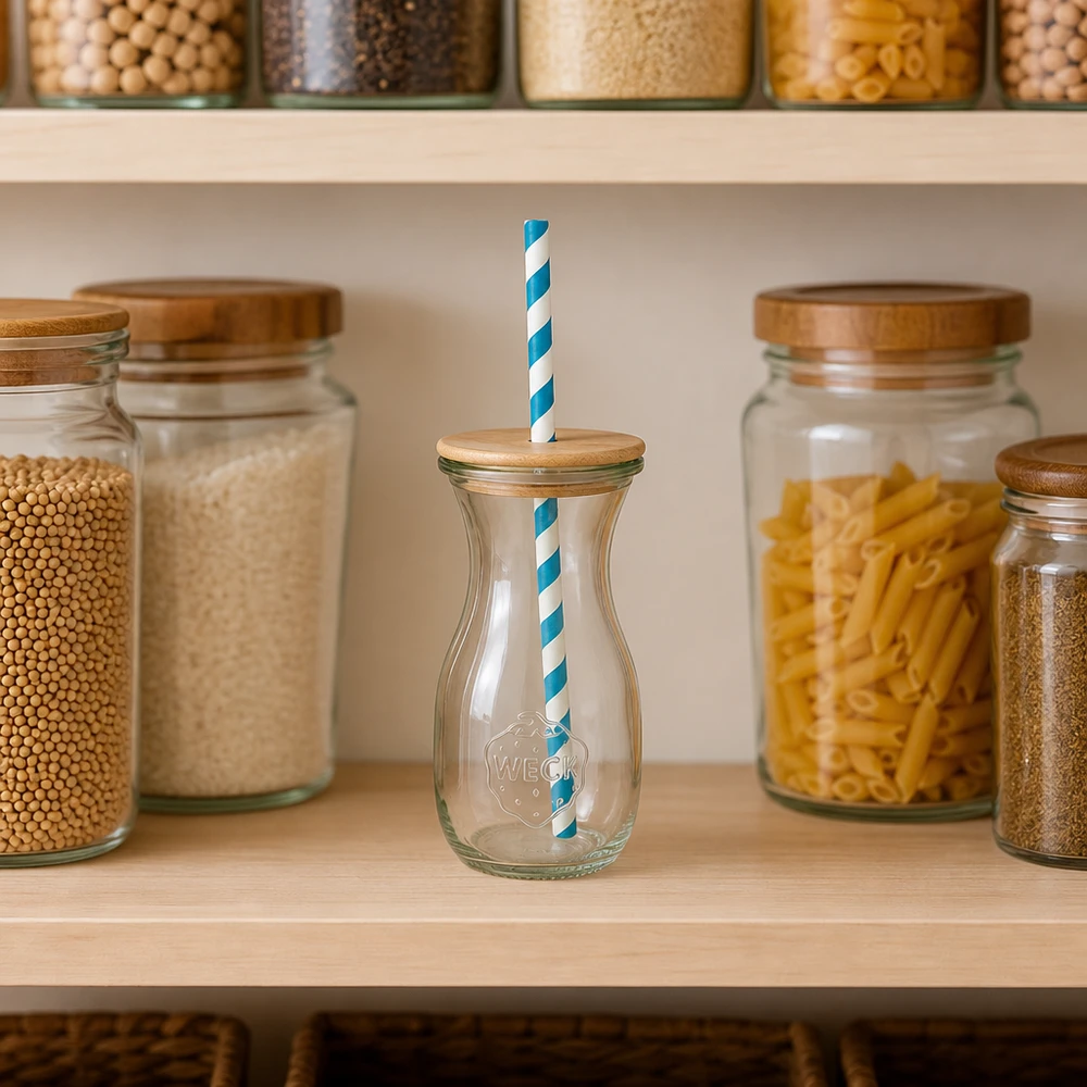 6 x WECK 290ml Saftflasche RR60 mit Holzdeckel und 100 Öko S WECK Glasflasche 290ml mit Holzdeckel türkis-weißer Öko-Strohhalm in organisierter Vorratsküche mit Gläsern