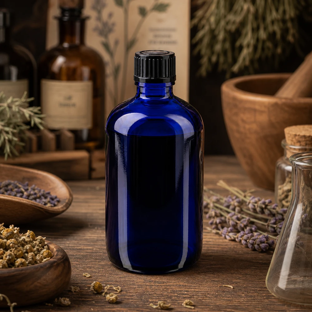 Apothekenflasche blau 100ml Tropfverschluss 1mm schwarz Standard 100ml ApoGlas Tropfflasche in Kobaltblau mit 1mm Einsatz für präzise Dosierung pflanzlicher Öle