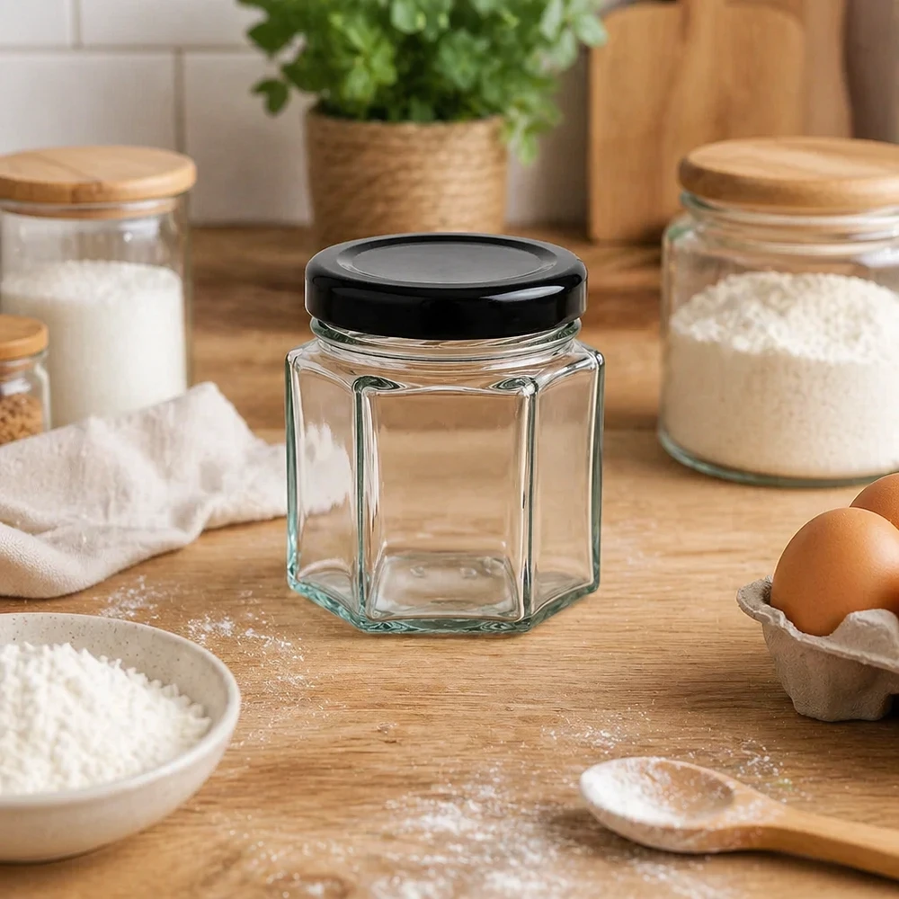 47ml Hexaglas mit schwarzem Deckel in Backküche zwischen Mehl, Eiern und Vorratsgläsern auf Holzarbeitsfläche