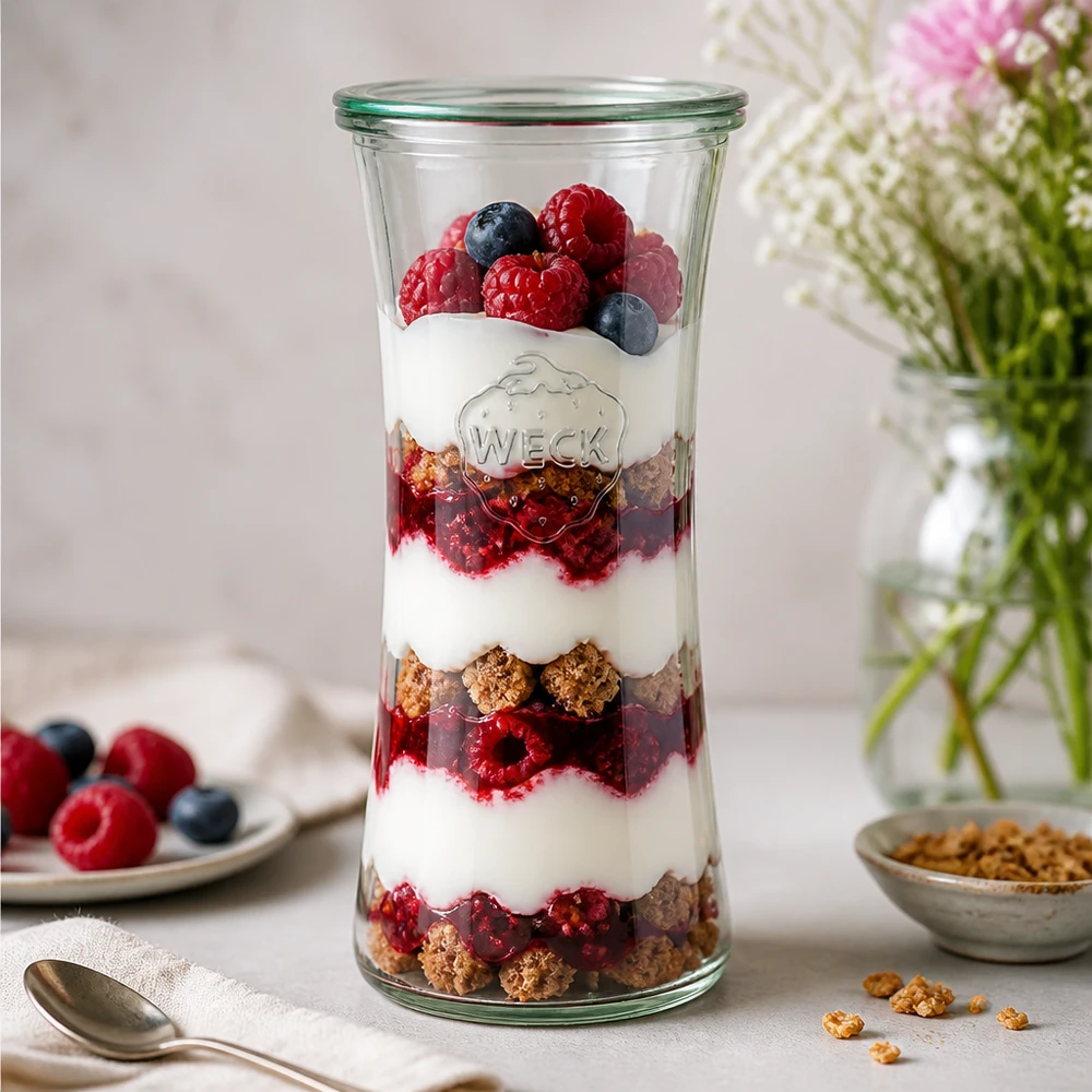 700ml Delikatessenglas mit Glasdeckel WECK RR80 WECK 700ml Delikatessenglas RR80 mit geschichtetem Joghurt-Beeren-Parfait - stylisches Einmachglas für Desserts