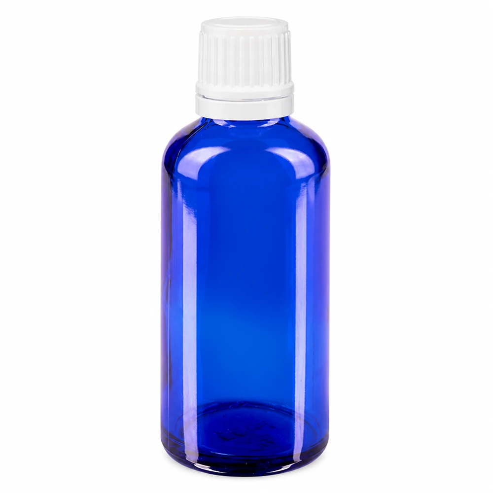 Apothekenflasche blau 50ml Tropfverschluss 1.2mm weiß Originalitätsverschluss UV-Schutz Apothekerflasche blau 50ml Borosilikatglas mit weißem Dosierverschluss