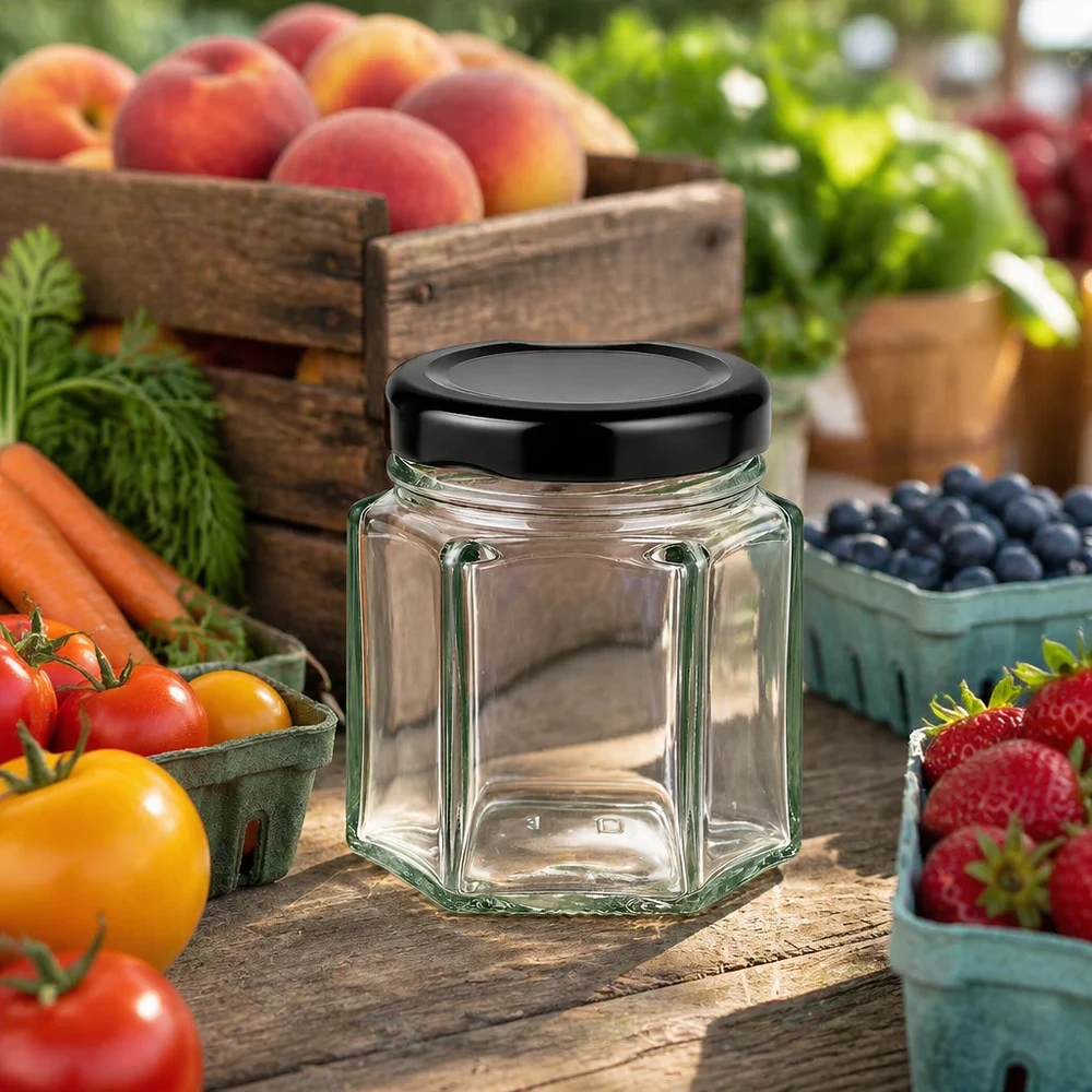 Leeres 47ml Hexaglas mit schwarzem Deckel auf Holztisch umgeben von frischem Obst und Gemüse in ländlicher Szene