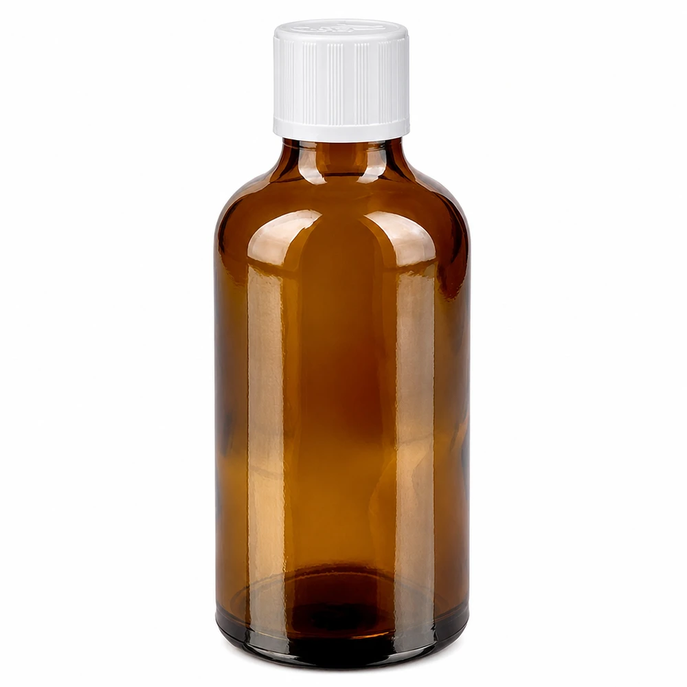 Apothekenflasche braun 50ml Schraubverschluss weiß Kindersicherung Standard Apothekerstandflasche 50ml braun mit kindersicherem weißen Verschluss Standard-Qualität