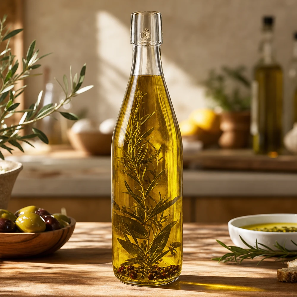 500ml Glasflasche ohne Bügelverschluss UNiTWIST® 500ml UNiTWIST Glasflasche mit Olivenöl und Kräutern befüllt in mediterraner Küche als Anwendungsbeispiel