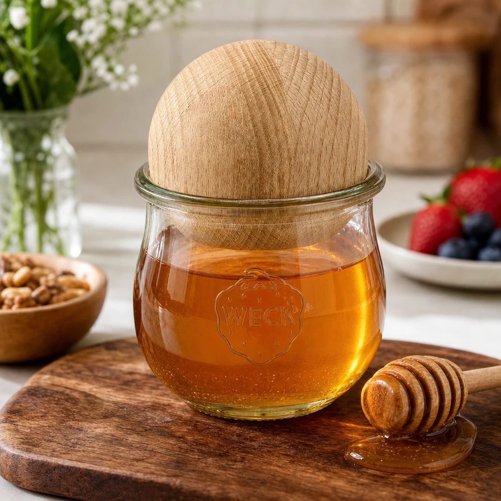 370ml Tulpenglas WECK RR80 mit Holzkugel Buche WECK Tulpenglas RR80 370ml mit Buchenkugel als Honigglas mit Honiglöffel auf Holzbrett in natürlicher Küche