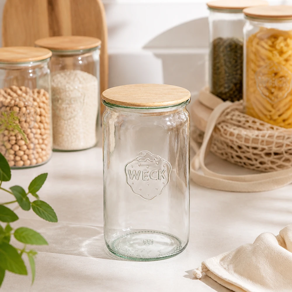 WECK Zylinderglas 340ml RR60 leer transparent mit Holzdeckel in moderner Küchenausstattung mit Vorratsgläsern