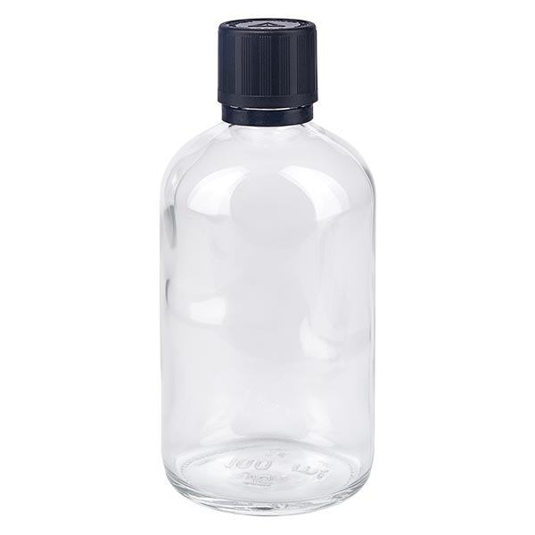Apothekenflasche klar 100ml Tropfer Premium 1mm schwarz Kindersicherung Blindenwarnsymbol Originalitätsverschluss Apothekenflasche klar 100ml Tropfer Premium 1mm schwarz Kindersicherung Blindenwarnsymbol Originalitätsverschluss