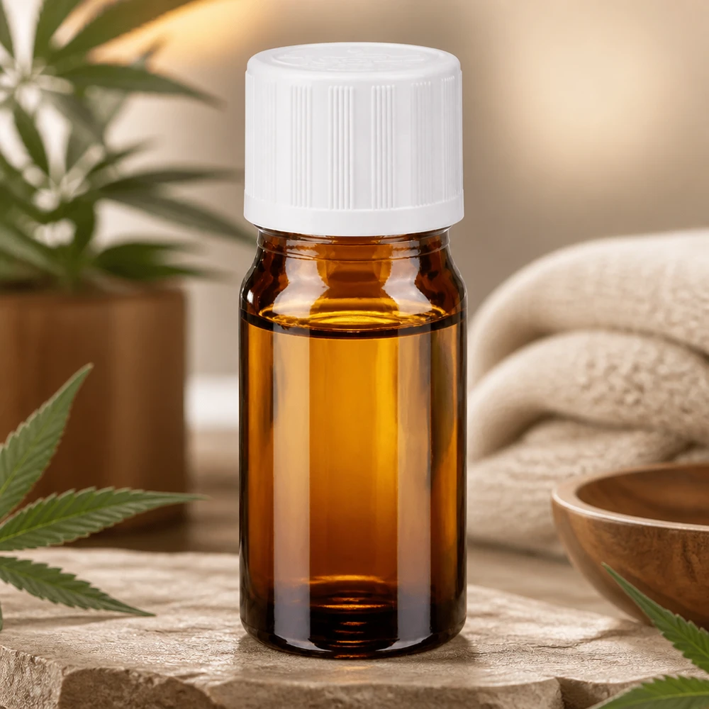 Apothekenflasche braun 5ml Tropfverschluss weiß Kindersicherung Standard Braunglasflacon 5ml mit weißem Tropfverschluss und Kindersicherung auf rustikalem Steinuntergrund