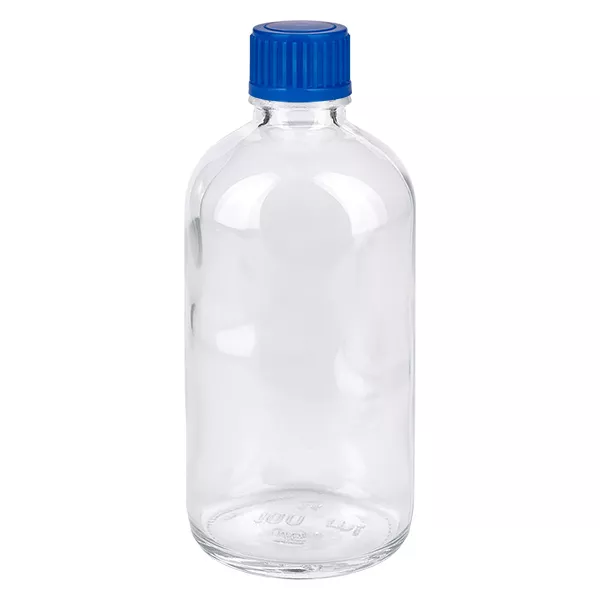 Leere 100ml Glasflasche ClearLine UT18 mit kindersicherem blauen Schraubverschluss