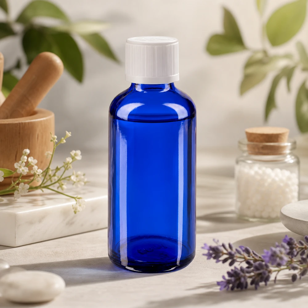 Apothekenflasche blau 50ml Tropfverschluss weiß Kindersicherung Standard UV-schützende kobaltblaue Flasche 50ml mit weißem KiSi-Deckel für ätherische Öle und Tinkturen