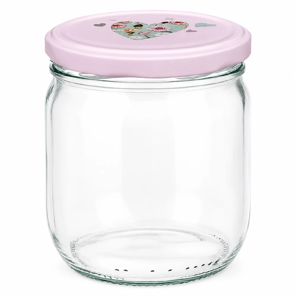 425ml Rundglas mit rosa BasicSeal Deckel mit Herzmotiv - hochwertiges Einmachglas für Küche und Vorratshaltung