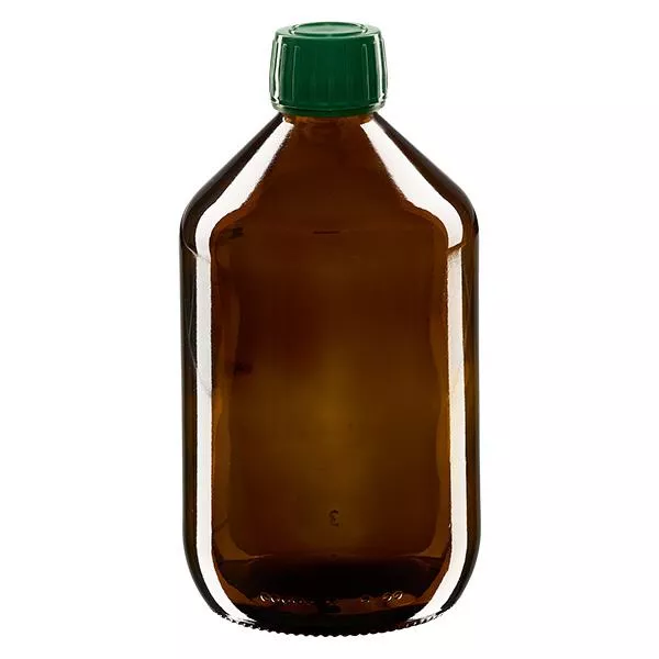 500ml Medizinflasche braun, Verschluss grün mit Originalitätsring ApoGlas 500ml Medizinflasche braun, Verschluss grün mit Originalitätsring ApoGlas