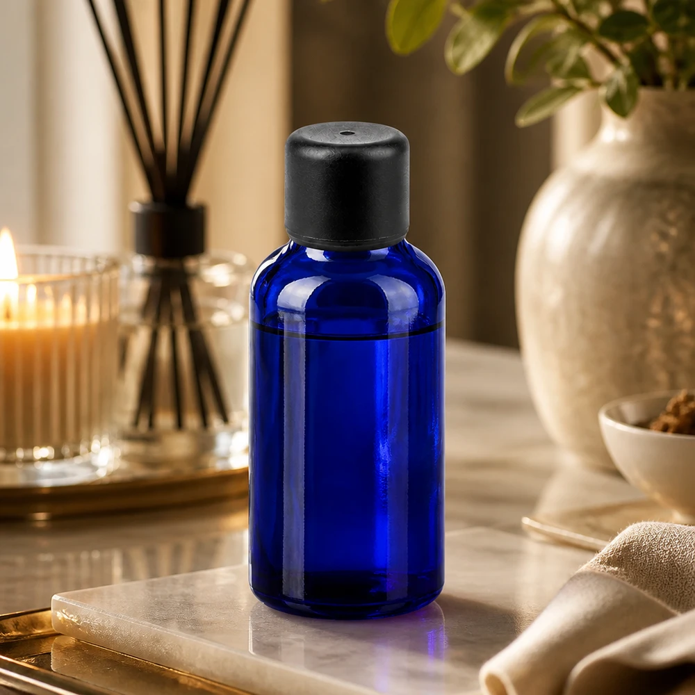 30ml Aromaflasche aus blauem Glas mit Verschluss perfekt für Wellness und Spa Anwendungen