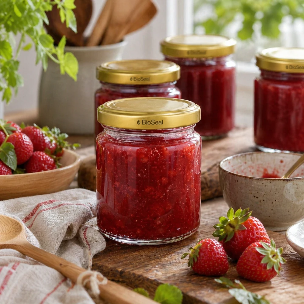 UNiTWIST Runda53 Marmeladengläser mit goldenem TO43 BioSeal Deckel gefüllt mit Erdbeermarmelade neben frischen Erdbeeren