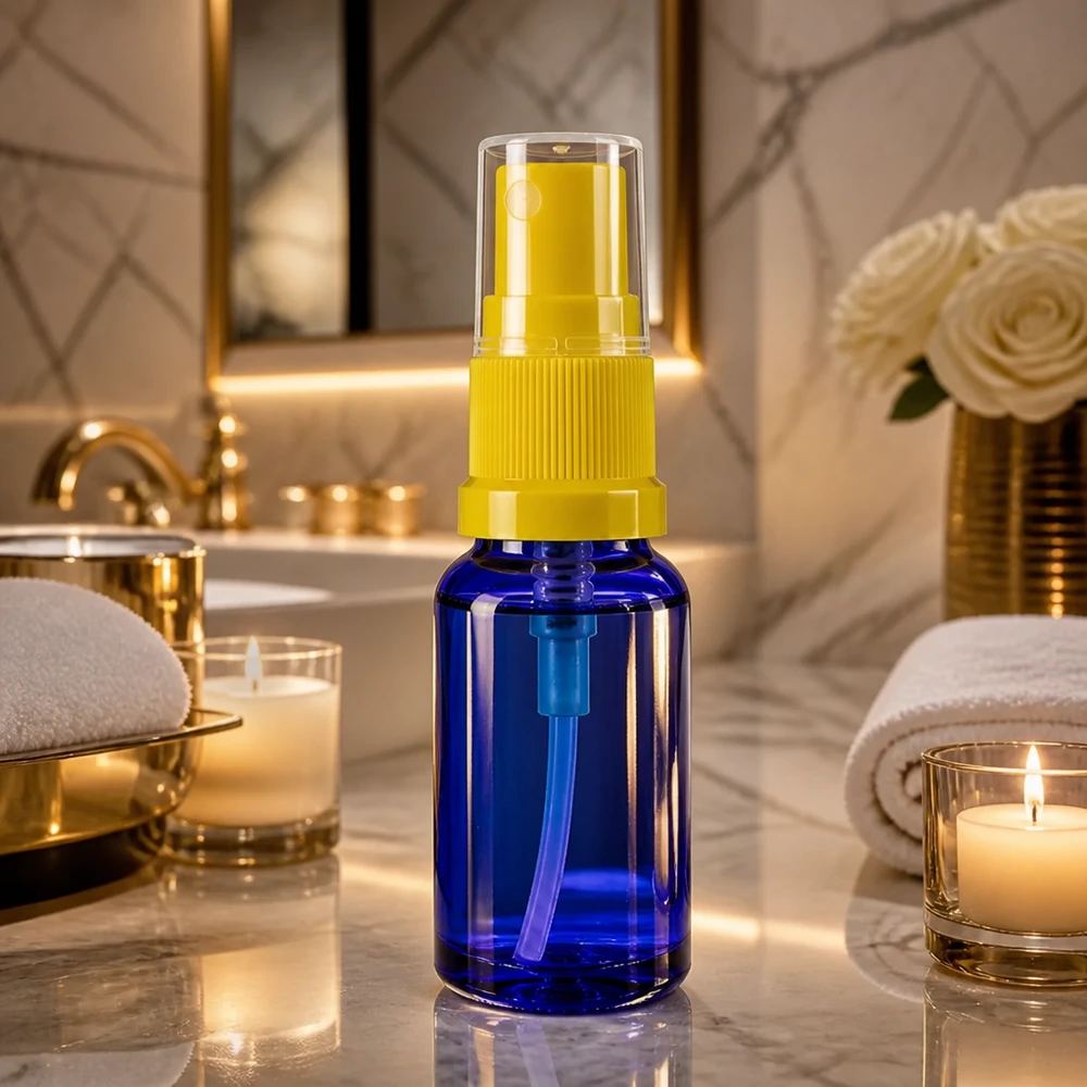 Apothekenflasche blau 30ml Sprayaufsatz gelb Blaue Minitropfflasche 30ml mit gelbem Sprühmechanismus für medizinische Produkte
