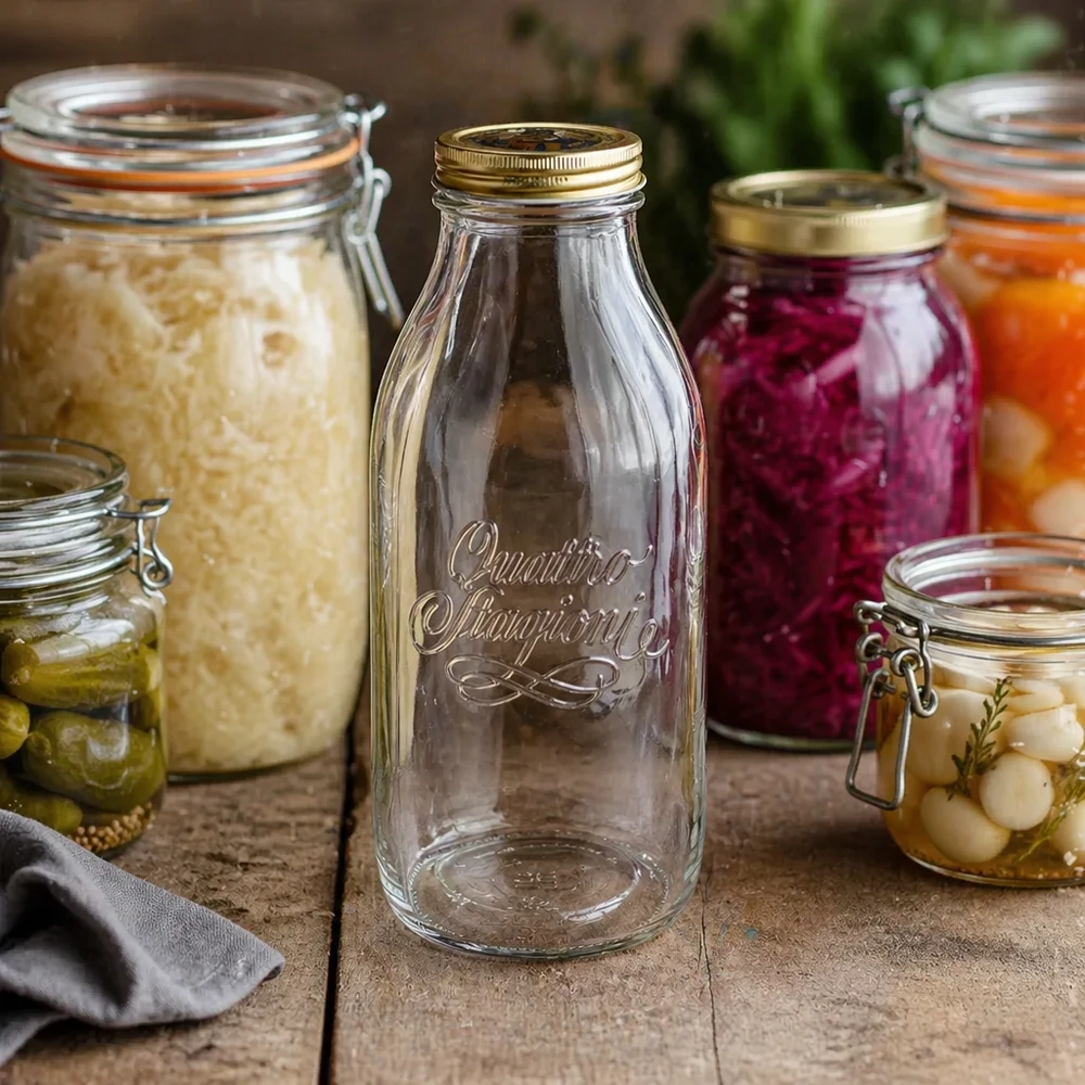 Quattro Stagioni 1000ml Glasflasche zwischen Einmachgläsern mit fermentiertem Gemüse und eingelegten Lebensmitteln