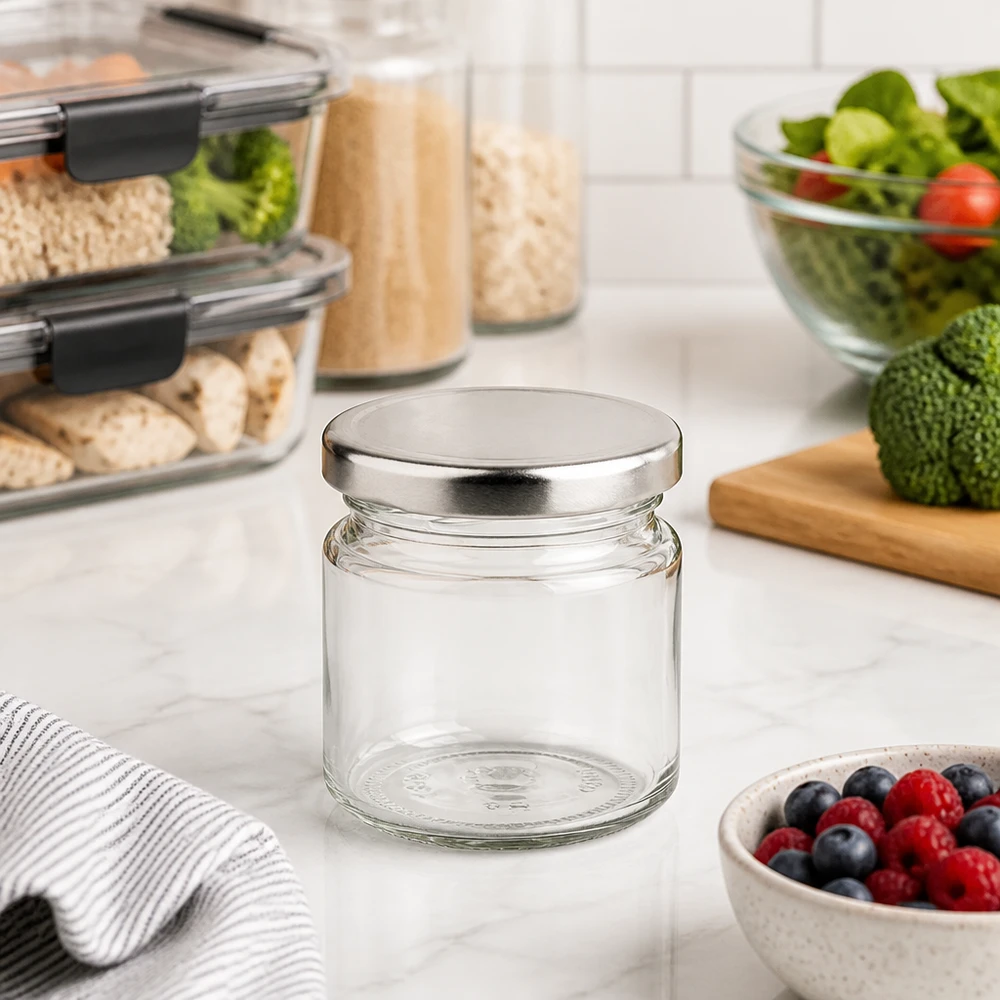 53 ml Rundglas 48er-Set mit Deckel (Deckelfarbe: silber) – UNiTWIST UNiTWIST 53ml Vorratsglas aus Klarglas mit silbernem Deckel perfekt für kleine Portionen
