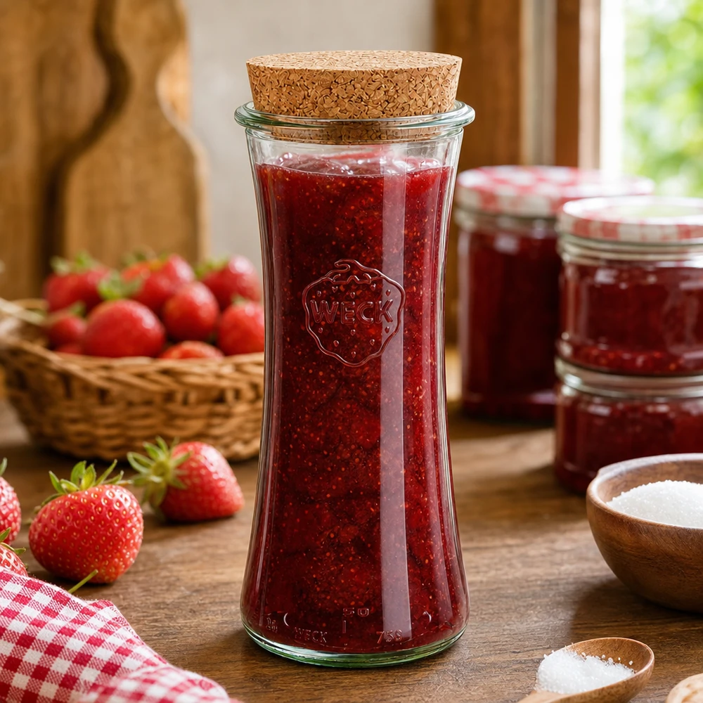700ml Delikatessenglas WECK RR80 mit Korken natur WECK RR80 Einmachglas 700ml mit Korkverschluss befüllt mit Erdbeermarmelade auf Holztisch neben frischen Erdbeeren