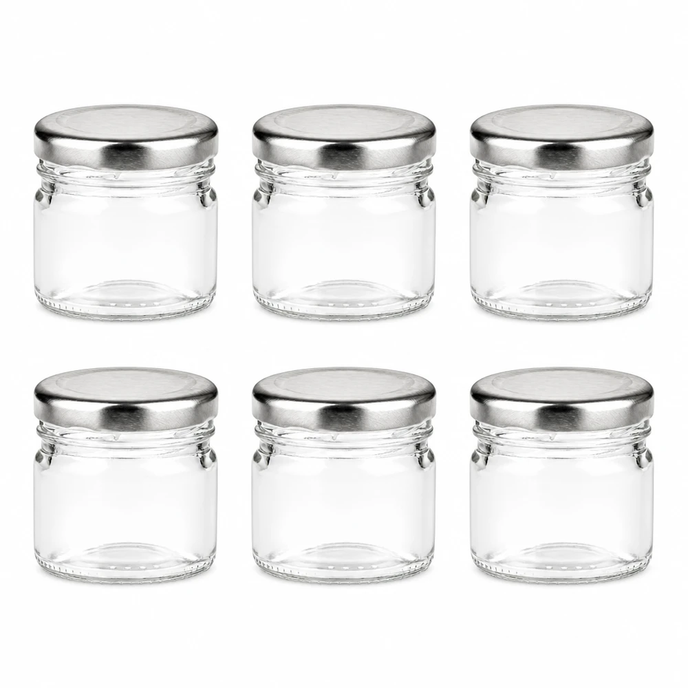 Hochwertige Mini-Einmachgläser 33ml aus Klarglas mit silbernen Deckeln im 6er-Set