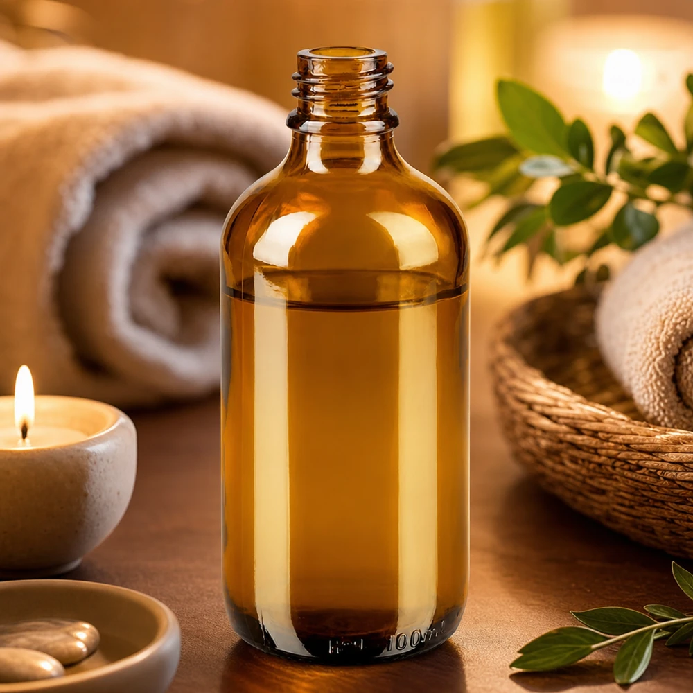 Tropfflasche 100 ml DIN 18 aus Braunglas Braune 100ml ApoGlas Apothekenflasche in warmem Wellness-Ambiente mit Kerze Handtüchern und grünen Blättern