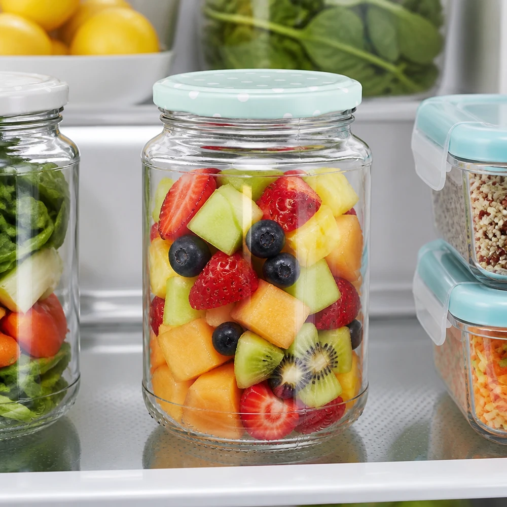 320ml Rundglas + BasicSeal Punkte mint matt UNiTWIST Kompaktes Glas 320ml BasicSeal Punkte mint UNiTWIST für Obst Salate und Kühlschrankorganisation