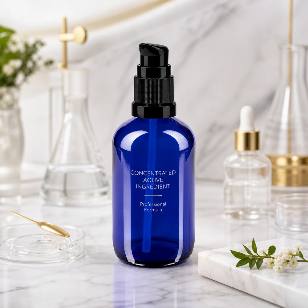 100ml Apothekerglasflasche in Royalblau mit schwarzer Dosierpumpe für Kosmetikserien