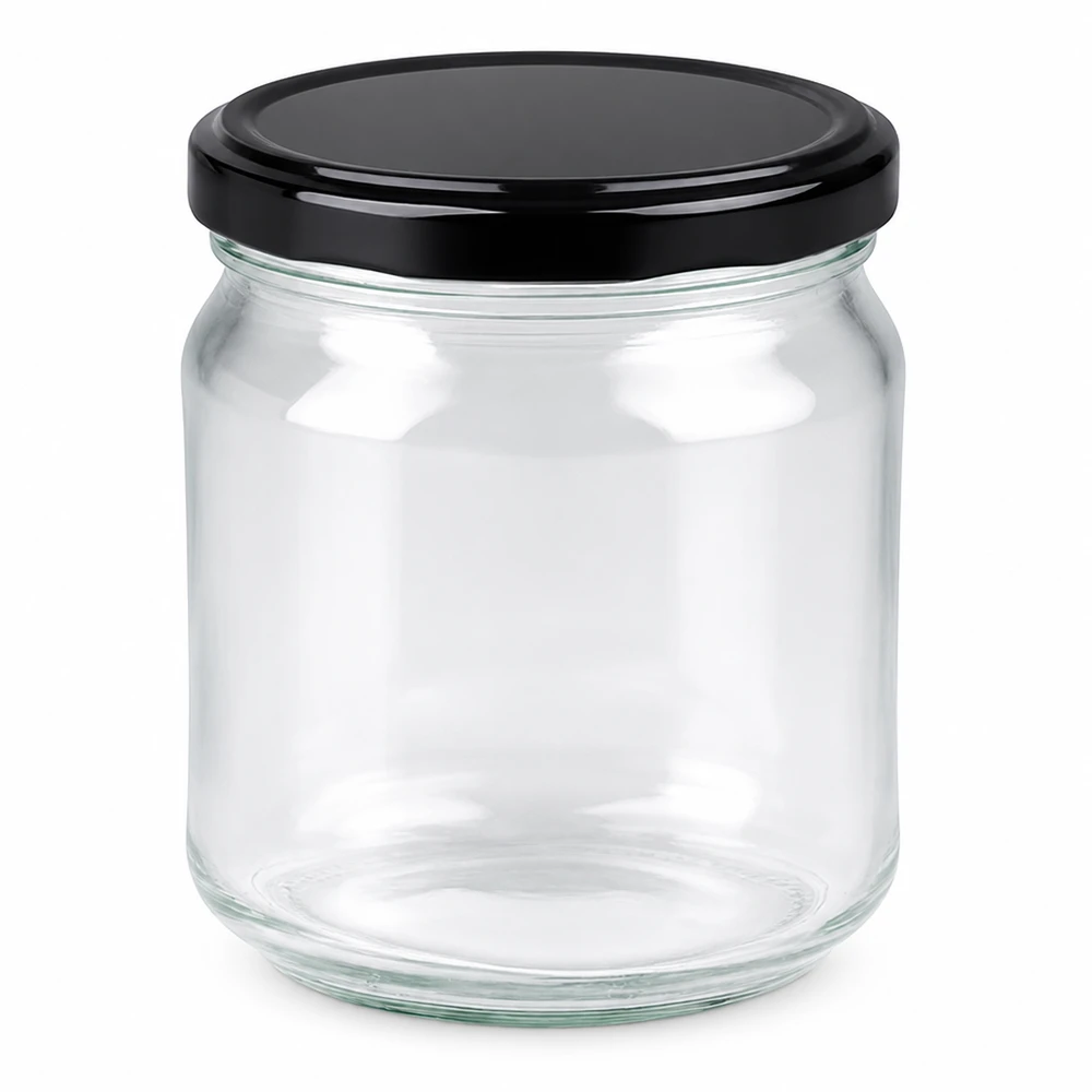 212ml Rundglas + BasicSeal Deckel schwarz TO63 UNiTWIST 212ml Rundglas mit schwarzem BasicSeal Deckel leer auf weißem Hintergrund Marmeladenglas Einmachglas