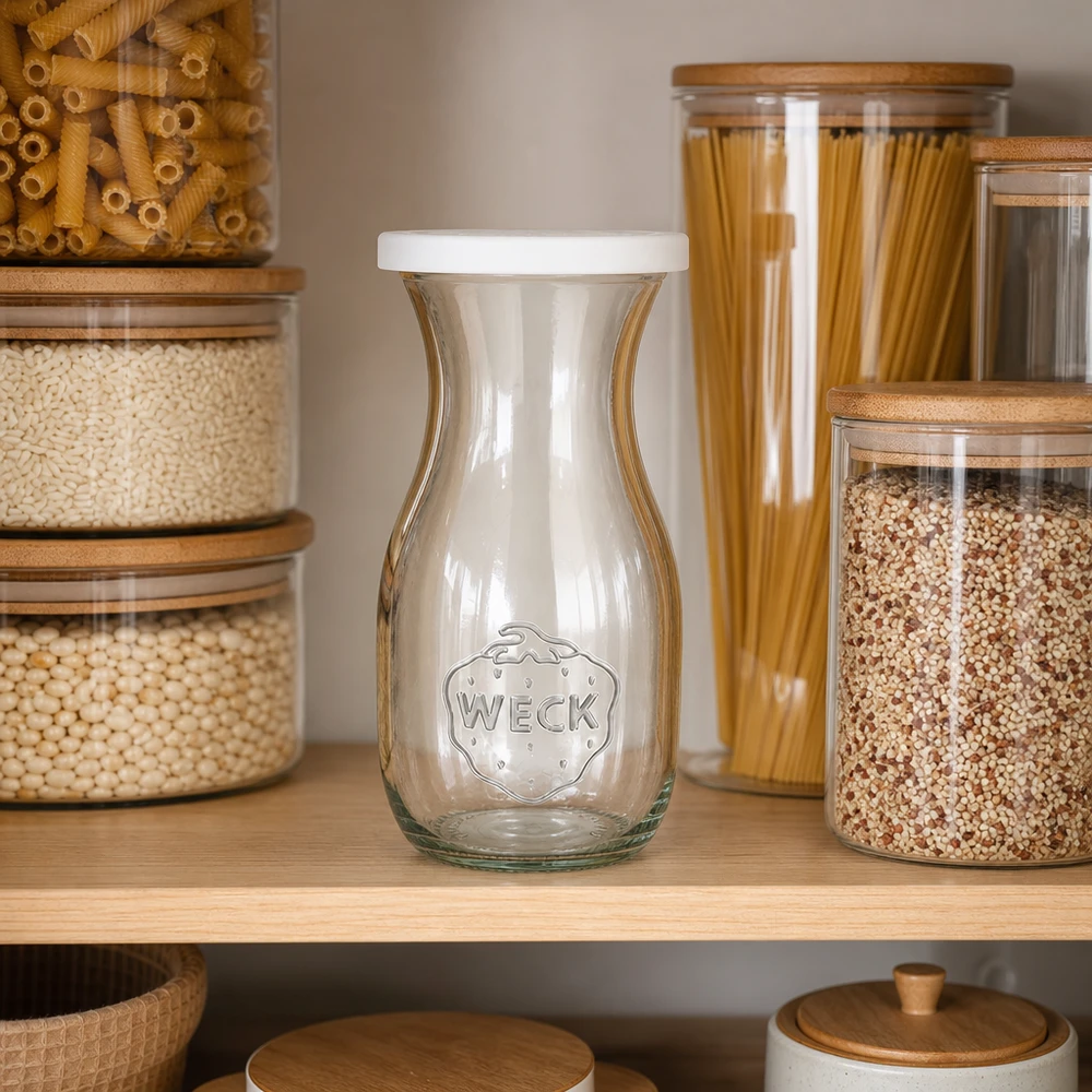 290ml Saftflasche mit Frischedeckel WECK RR60 WECK 290ml Saftflasche mit Frischedeckel in moderner Küchenorganisation zwischen Vorratsgläsern mit Pasta und Getreide