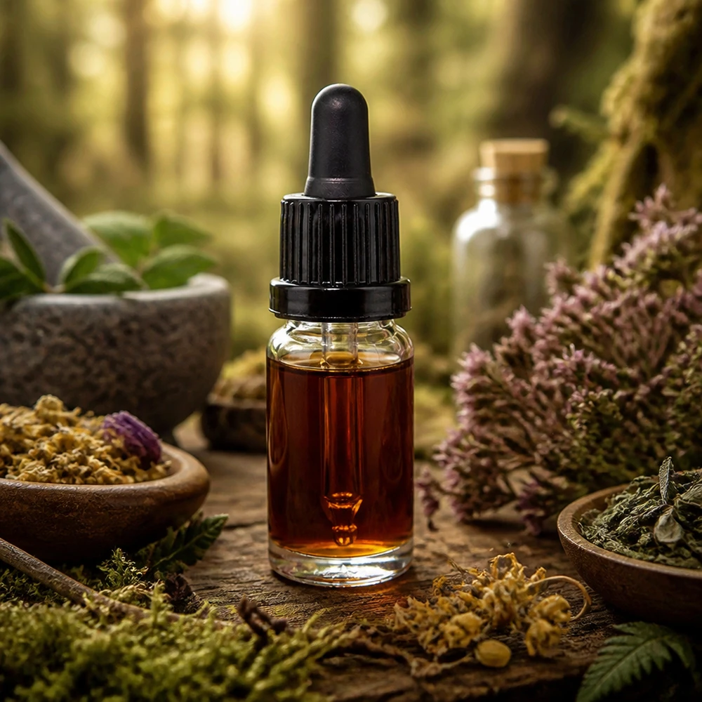 Kompakte 10ml Pipettenflasche schwarzer OV ClearLine umgeben von lila Heideblüten und Moosen