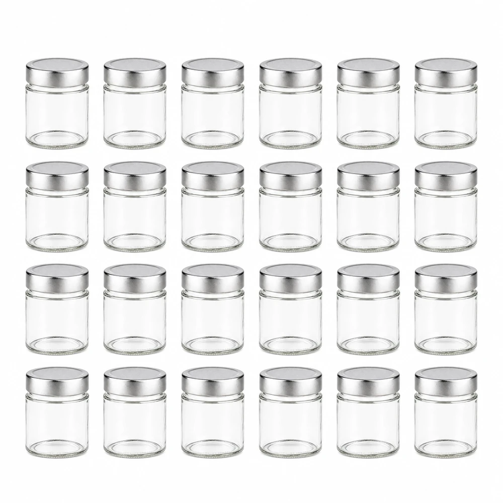 135ml Rundglas 24er-Set mit Deckel (Deckelfarbe: silber) – UNiTWIST 24 transparente Rundgläser 135ml Fassungsvermögen mit silbernen Deckeln UNiTWIST Gläserset