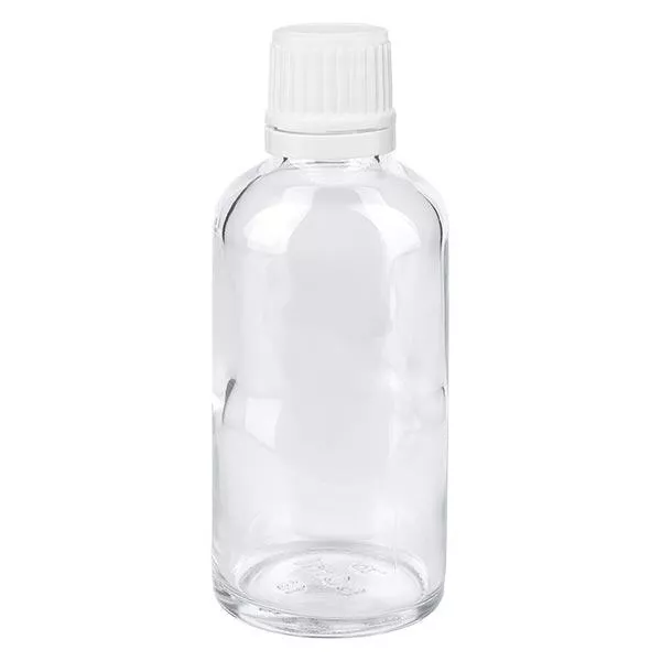 Apothekenflasche klar 50ml Schraubverschluss weiß Originalitätsverschluss Apothekenflasche klar 50ml Schraubverschluss weiß Originalitätsverschluss