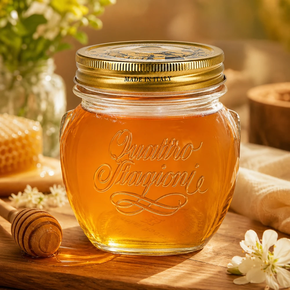 300ml Rundglas "Quattro Stagioni" mit Deckel Quattro Stagioni 300ml Rundglas mit goldenem Deckel gefüllt mit Honig auf Holztisch Made in Italy
