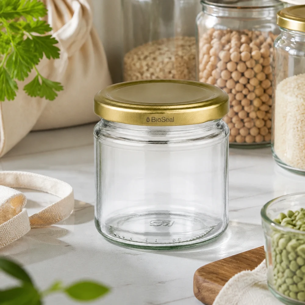 UNiTWIST Rundglas 212ml mit goldenem TO66 BioSeal Deckel in nachhaltiger Zero-Waste Küche mit Hülsenfrüchten