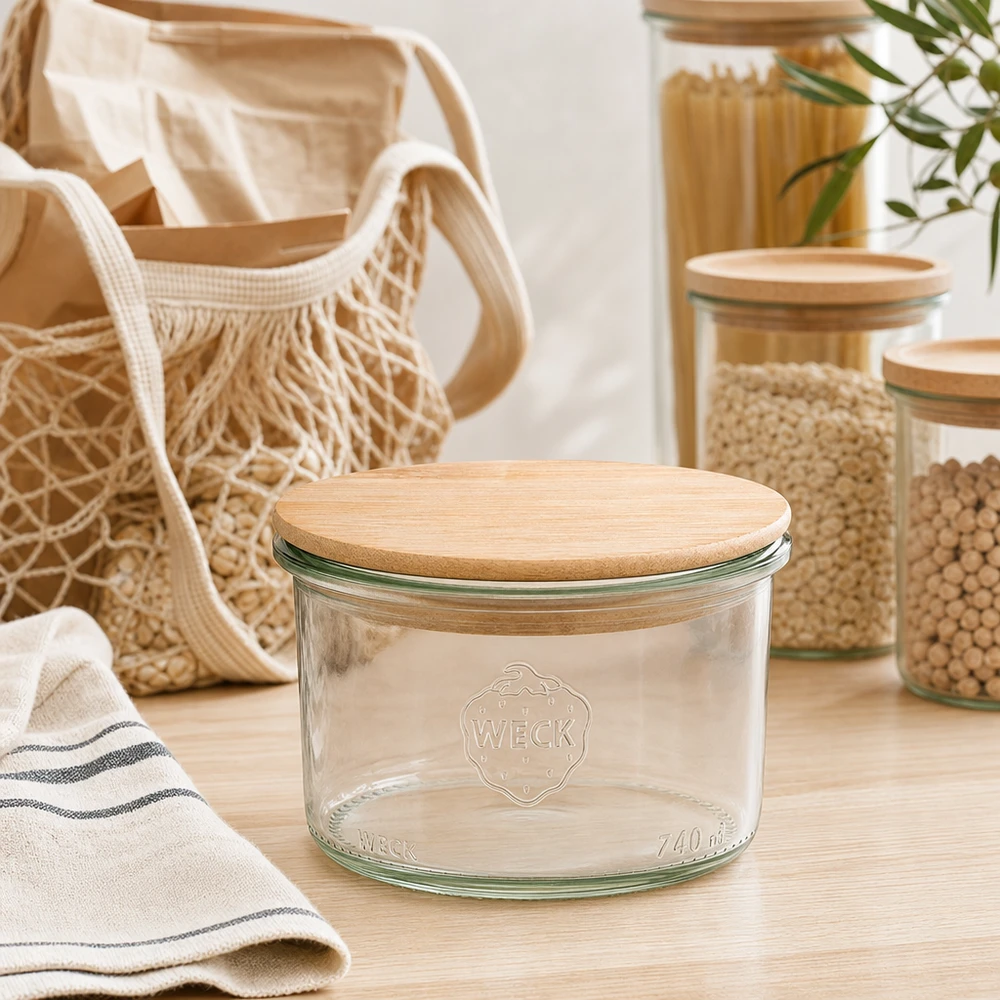 200ml Sturzglas WECK RR80 mit Holzdeckel WECK Sturzglas 200ml mit Holzdeckel in moderner Zero-Waste Küche mit Vorratsgläsern und nachhaltigen Textilien