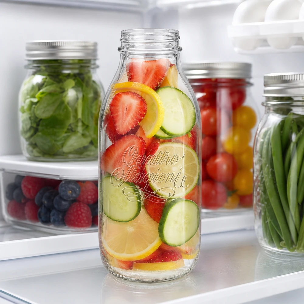 1000ml Glasflasche "Quattro Stagioni" QS56mm Quattro Stagioni 1000ml Weithalsflasche mit Obst und Gemüse im Kühlschrank für Infused Water und Meal Prep