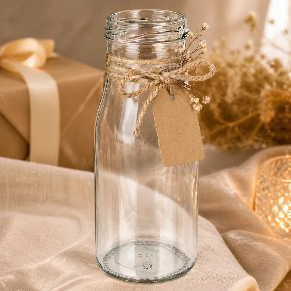 UNiTWIST Bottle150 Glasflasche 150ml TO43 Gewinde leer mit Juteschnur und Anhänger rustikal dekoriert