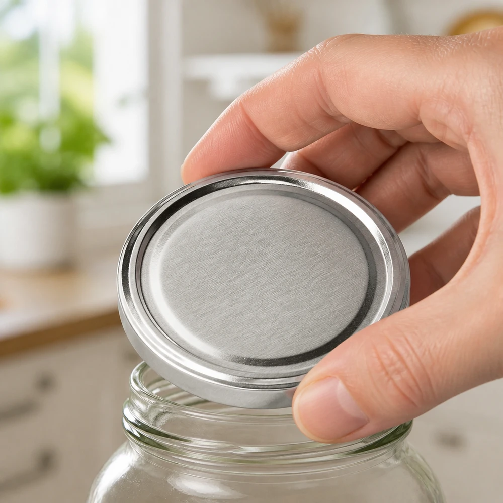 BasicSeal TO100 Deckel silber matt 100mm Größenvergleich Hand beim Aufsetzen auf Vorratsglas