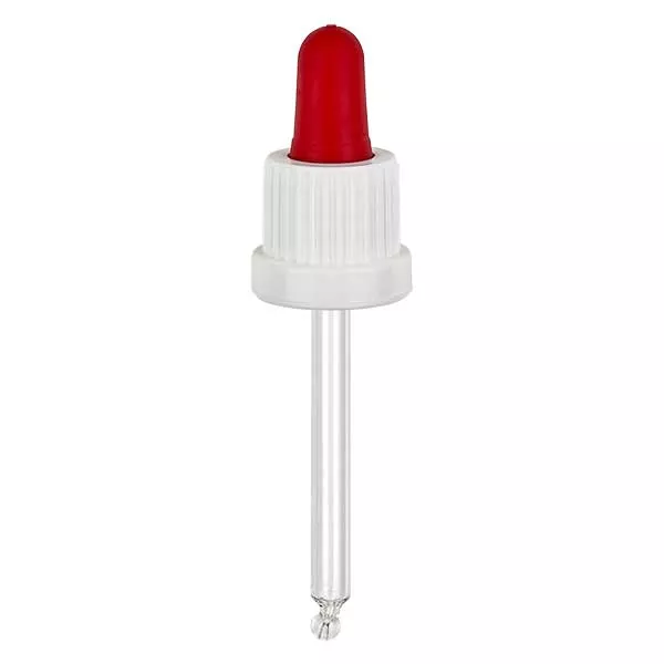 Glas-Tropfpipette weiß/rot 18mm PL66 Originalitätsverschluss